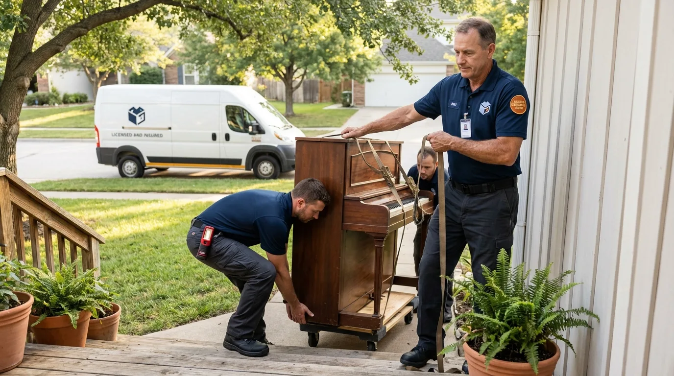 Licensed piano movers securing grand piano in Elmsford, NY