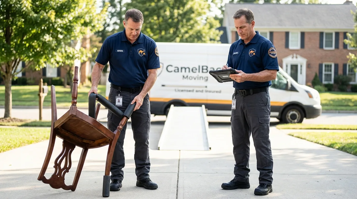 Movers inspecting furniture for damage prevention before loading in Elmsford, NY