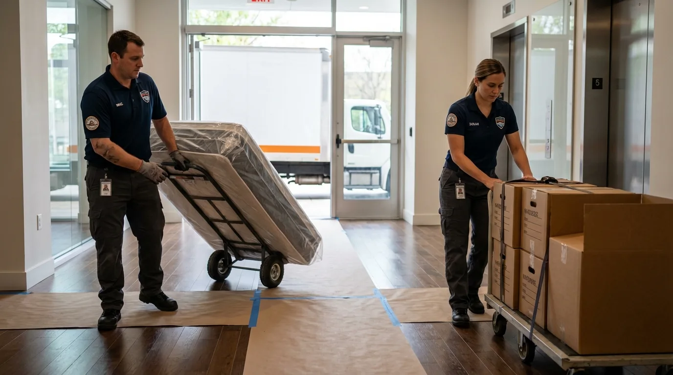 Professional apartment movers loading elevator in Elmsford, NY