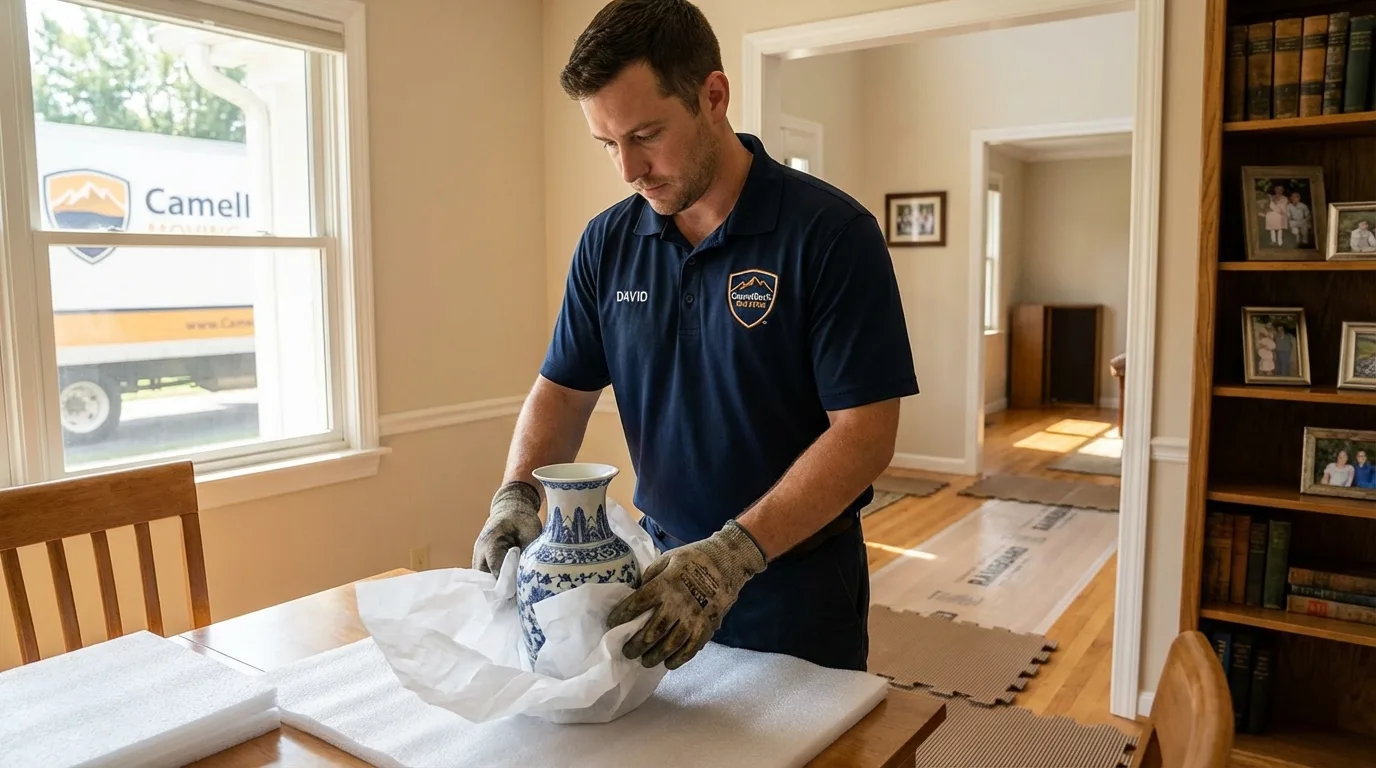 Professional crew carefully wrapping antique vase for senior downsizing move in Elmsford, NY